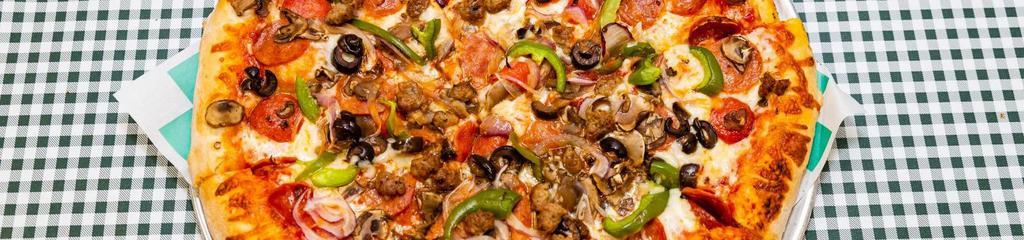 Big Z Specialty Pizza · Red sauce, mozzarella, Canadian bacon, pepperoni, mushrooms, bell peppers, onion, black olives, and sausage.