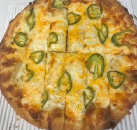 Fresh Jalapeno Cheesy Bread · Buttery Garlic bread topped with Mozzarella, Cheddar Cheese and Jalapeños.