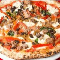 Pako Pizza · Fresh mozzarella, San Marzano tomatoes, Italian sausage, caramelized onions, roasted mushroo...