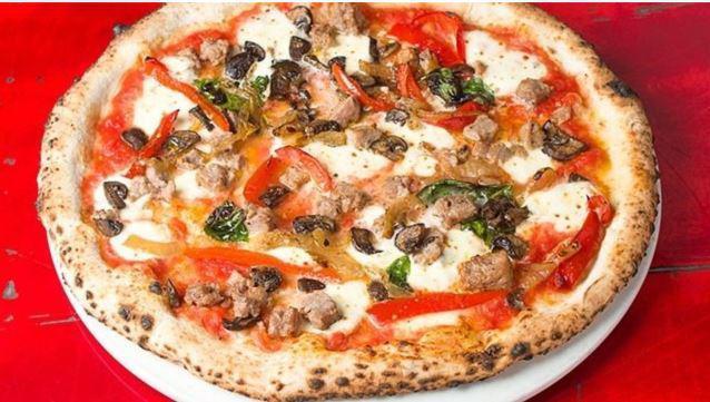 Pako Pizza · Fresh mozzarella, roasted red peppers, Italian sausage, mushrooms, caramelized onions, Pecorino Romano and basil.
