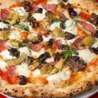 Amore Mio Pizza · Fresh mozzarella, roasted artichokes, artisanal salami, mushrooms, black olives, Pecorino Ro...