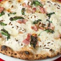 Oro Bianco Pizza · Fresh mozzarella, buffalo ricotta, taleggio cheese, pancetta, Pecorino Romano, basil, black ...