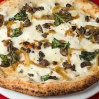 Spacca Napoli Pizza · Fresh mozzarella, Taleggio cheese, mushrooms, caramelized onions, Pecorino Romano, basil, tr...