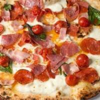 Chiattona Benni Pizza · Fresh mozzarella, cherry tomatoes, pancetta, pepperoni, artisanal salami, hot soppressata, p...