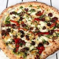 Partenope Pizza · Fresh mozzarella, fresh basil pesto, roasted artichokes, roasted peppers, mushrooms, Gaeta o...