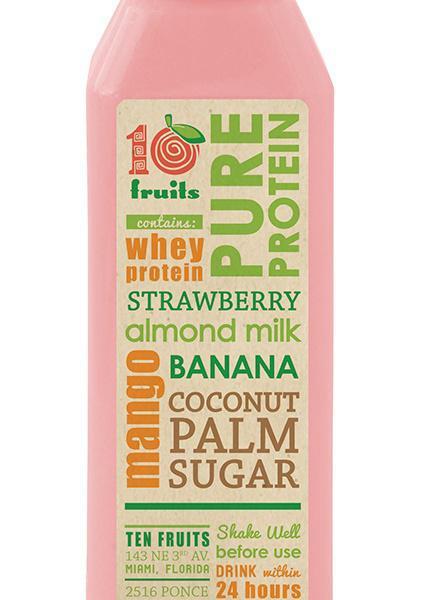 16 oz. Pure Protein Super Smoothie · Whey protein, strawberry, mango, banana, almond milk and coconut palm sugar.