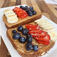 Almond Fruit Toast · Whole-wheat toast, organic almond butter and fruits