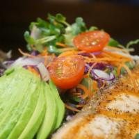 Grilled Salmon and Avocado Salad · Grilled salmon on mixed greens with olive soy vinaigrette dressing.