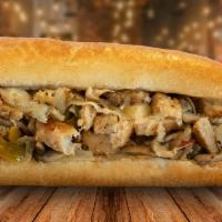 Veggie Chicken Cheese Steak Sub · Vegetarian chicken grilled with mushrooms, onions and provolone cheese. Try hot or sweet pep...