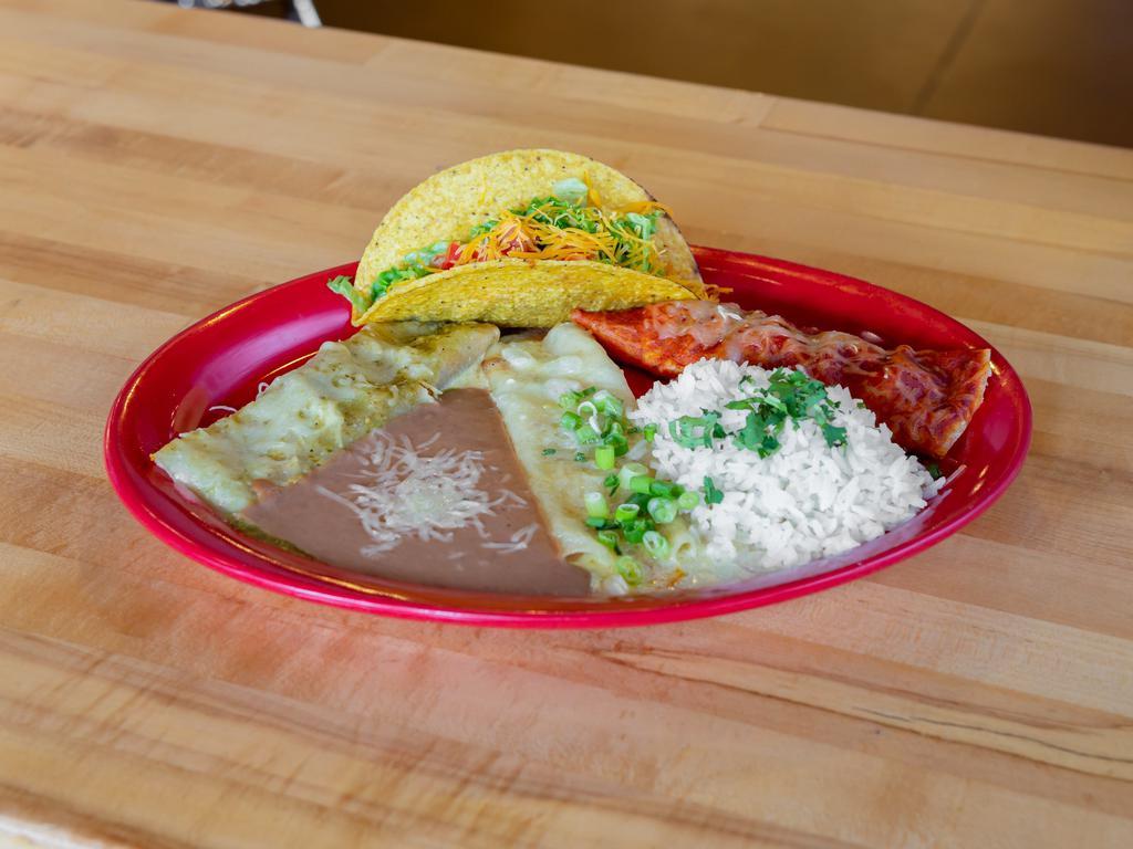 Macho Enchilada Combo · 3 pieces enchiladas, 3 different sauces white mild creamy, red mild and spicy verde sauce and our classic beef taco to top it off.