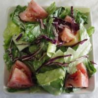 Garden Salad (V) · Romaine lettuce,tomato, cucumber, red cabbage and tossed with our homemade ranch dressing.