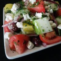 Mediterranean Salad (V&GF) · Cucumber,tomato, red onion, olives, feta cheese, parsley, spices, herbs, lemon juice and oli...