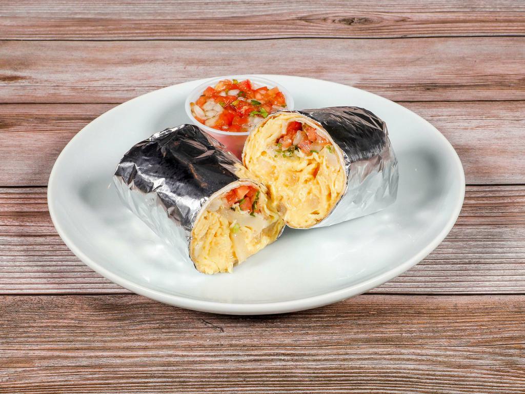 Breakfast Burrito · Scrambled eggs, potatoes, cheese, and your choice of chorizo, bacon, or vegetarian (incl. Grilled peppers & onions).