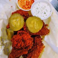 5 pcs Nashville Hot Wings · Crispy Fried Wings dipped in Hot Oil, Sprinkle of Cayenne Pepper, Served with Pickel, Nashvi...