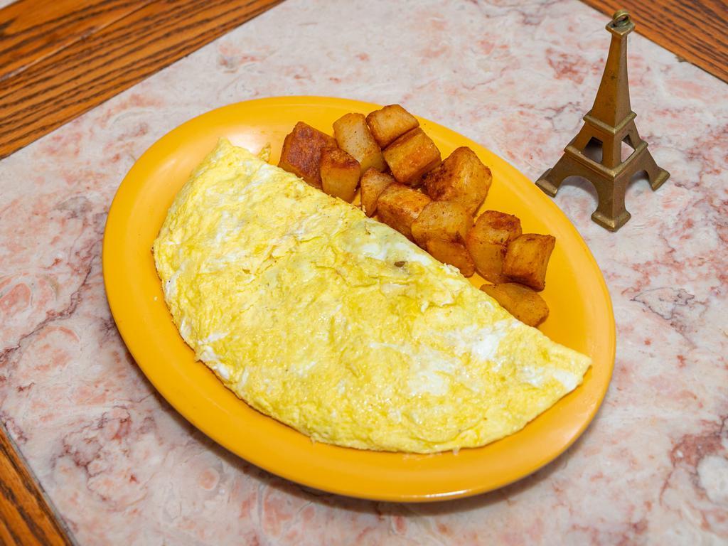 3 Egg Omelet · 3egg , cheese,any meat ham ,bacon sausage and home fries,toast  egg white +1.75  egg beaters+1.00 any veggies$.70per item