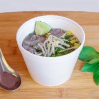 Beef pho · Rice noodles with beef, onions, cilantro, and scallions. Bean sprouts, Thai basil, and lime ...