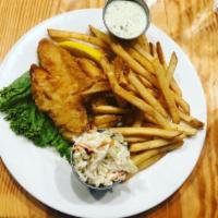 Fish and Chips · Beer battered cod, coleslaw, tartar sauce and fries.