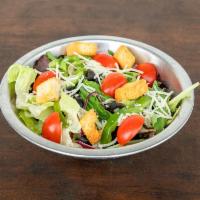 Garden Salad · Romaine hearts, spring mix, red onions, green bell peppers, black olives, grape tomatoes, cr...