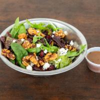 Oh Baby Salad · Spring mix, aged Gorgonzola crumbles, candied walnuts and dried cranberries with balsamic vi...