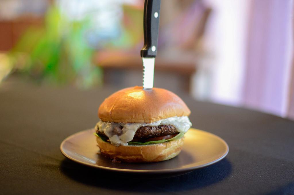 Black & Blue & Oink Burger · Rare cooked. Lightly blackened, bleu cheese mousse, Havarti cheese and AWSB.