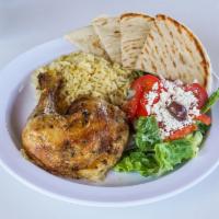 1/4 Chicken Plate · Oven-baked lemon and oregano marinated chicken. Choice of 2 side dishes: Greek salad, rice p...