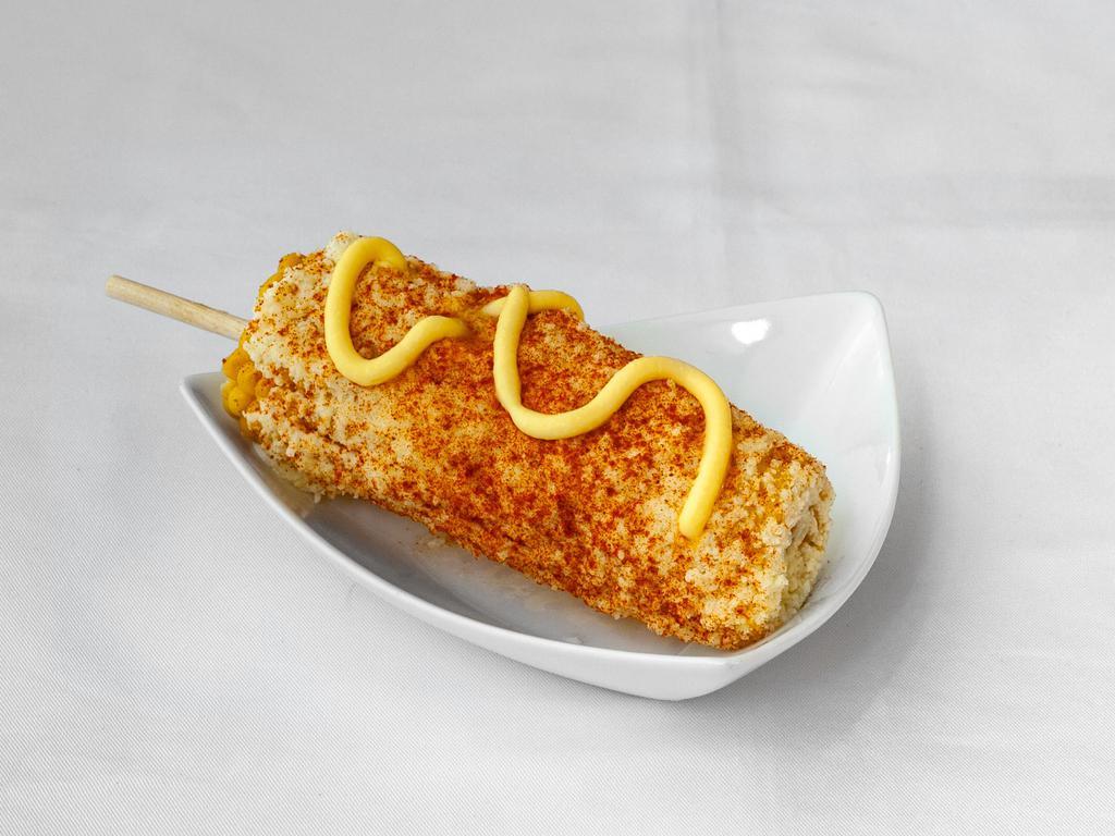 Elote with Hot Cheetos · Sweet corn, butter, mayonnaise, topped with Cotija cheese, Hot Cheetos and Chile