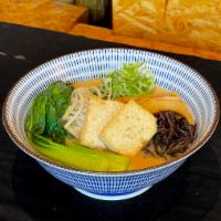 N-9. Veggie Miso Ramen · Vegetable Broth with Soybean Paste and  Curly Noodles. Yaki tofu, kikurage (black mushrooms)...