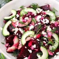 Insalate Barbabietole · Beet Salad With Dill, Parsley, Mint, Feta
Cheese, Olive, Red Onions, Lemon, EVOO