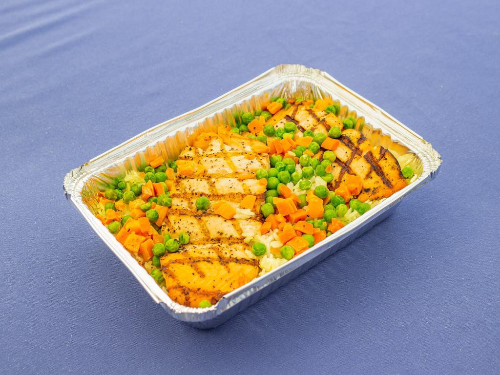 Grilled Salmon with Jasmine Rice · Serves 2. Two beautiful pieces of grilled salmon filet over rice.