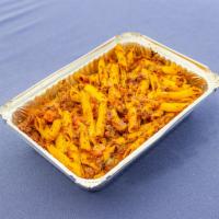 Pasta Bolognese · Serves 2. Pasta with ground beef meat sauce.