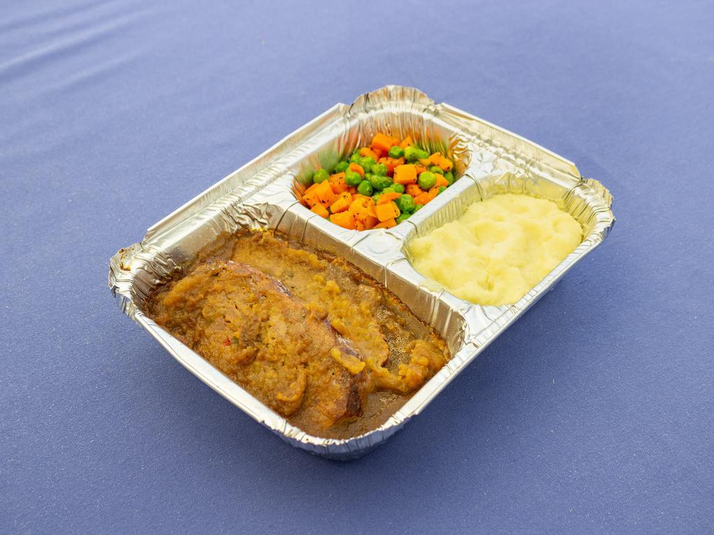 Meatloaf Dinner · Serves 1. Served with mashed potatoes, peas, and carrots.