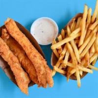 KIDS FRIED TENDERS · Marinated and fried chicken strips served with herb ranch dipping sauce. Comes with regular ...