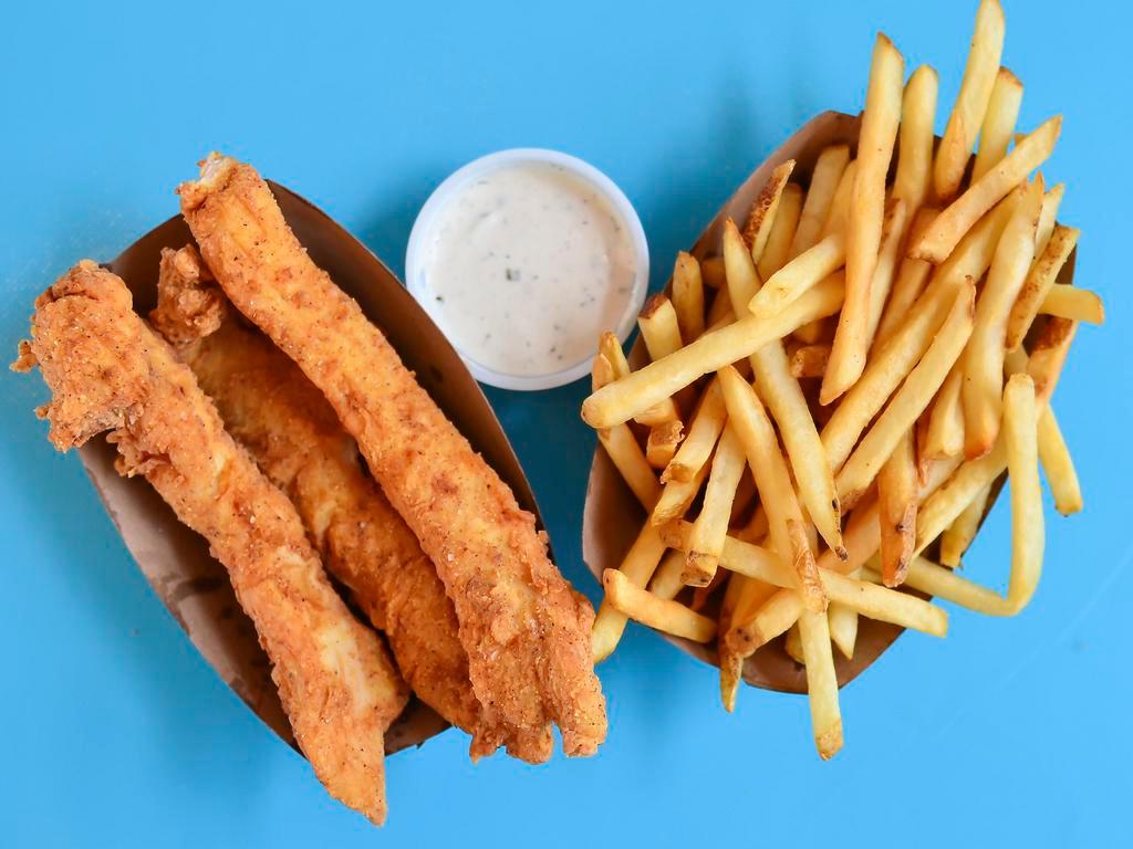 KIDS FRIED TENDERS · Marinated and fried chicken strips served with herb ranch dipping sauce. Comes with regular fries and a Maine Root fountain cola.