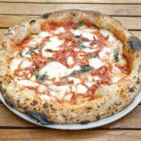 Diavolo Pizza · Tomato sauce, fresh basil, homemade mozzarella, spicy sopressata and Parmigiano Reggiano. Co...