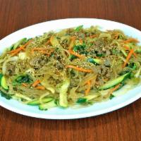 9. Japchae · Sweet potato glass noodle stir fry with beef and vegetables.