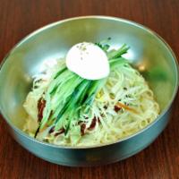 10. Jjol Myun · Spicy. Spicy cold wheat noodles with vegetables and an egg. No rice.