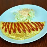 12. Omurice · Omelette made with vegetable fried rice and topped with ketchup.