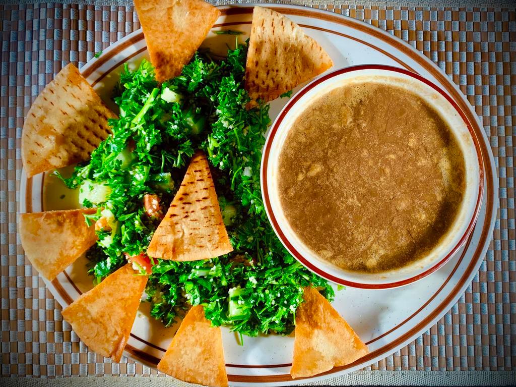 Soup and Salad · Tabouli or Mediterranean with a bowl of soup. Served with pocket pita bread.
