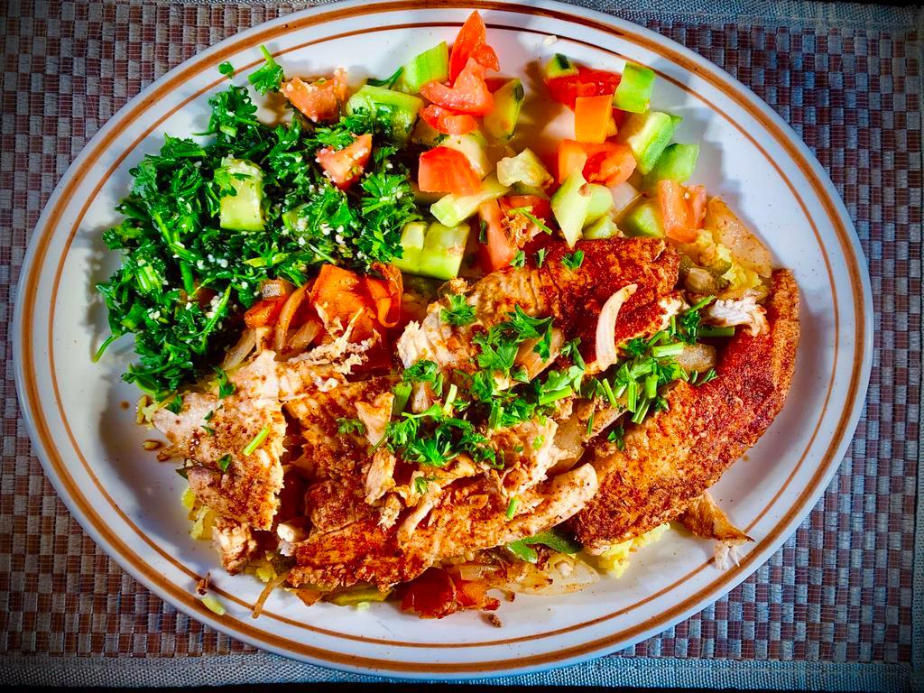 10. Jerusalem Fish Special · Grilled fish topped with lemon garlic sauce. Served with rice.