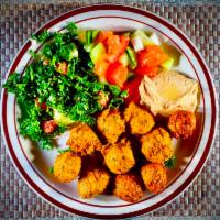 14. Falafel · Ground garbanzo beans, potatoes, garlic, parsley, onions, spices, fried and served with Full...