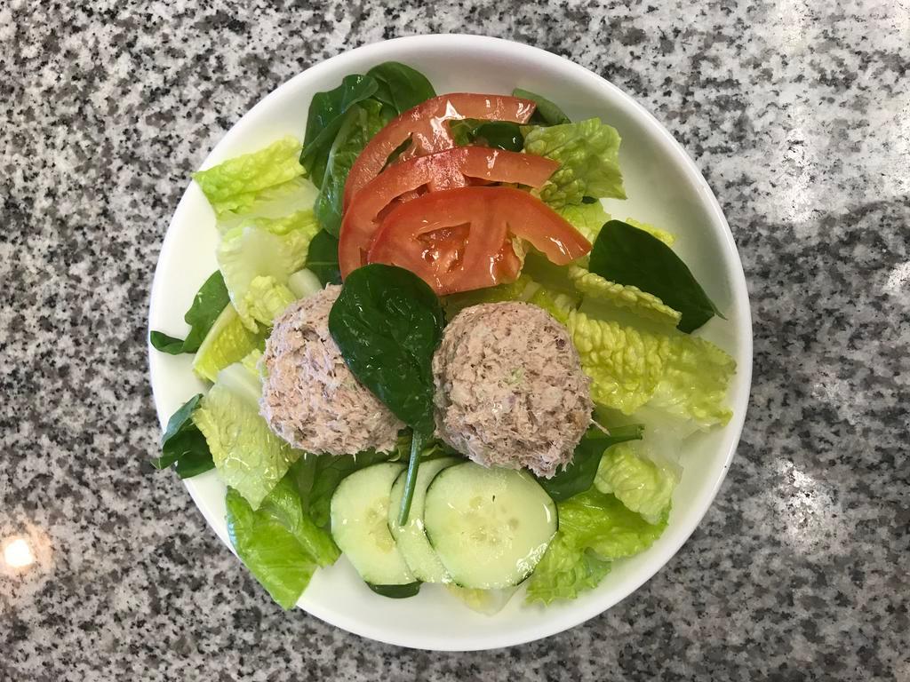 Tuna Salad on Greens · Cucumber, tomato, balsamic dressing on greens.