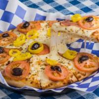 10” ARGENTINIAN PIZZA · Pizza loaded w/house sauce, mozzarella cheese, ham, tomatos, banana peppers and olives