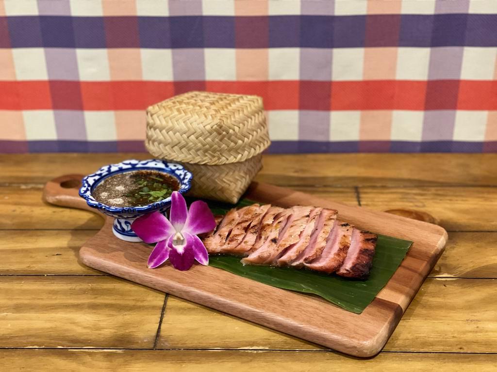Grilled Pork Shoulder · Grilled Kurobuta pork shoulder + tamarind & toasted rice powder dressing W/ sticky rice