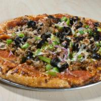 Supreme Pizza · Pepperoni, sausage, mushrooms, green peppers, red onions and black olives. 