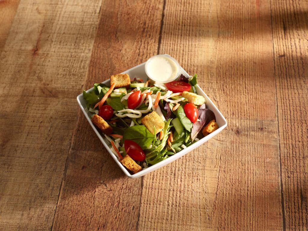 House Salad · Fresh spring mix, green peppers, carrots, croutons, cucumbers, mozzarella and tomatoes. Made-to-order.