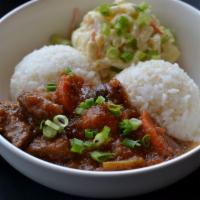 Papa Choy's Beef Stew · Tender beef, carrots, potatoes and celery cooked in a hearty tomato base. Served with two sc...