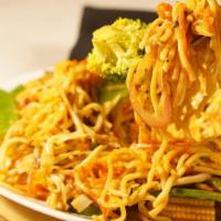 Lo Mein · Eggless thick noodle and shredded vegetables.