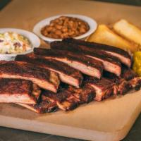 The Full Back · Full rack of fall off the bone ribs and 2 sides. Includes pickle, pepper, onion and 2 Texas ...