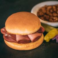 Smoked Bologna Sandwich · Includes 1 side, pickle, pepper, onions and BBQ sauce