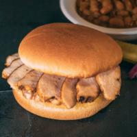 Smoked Chicken Sandwich · Includes 1 side, pickle, pepper, onions and BBQ sauce.